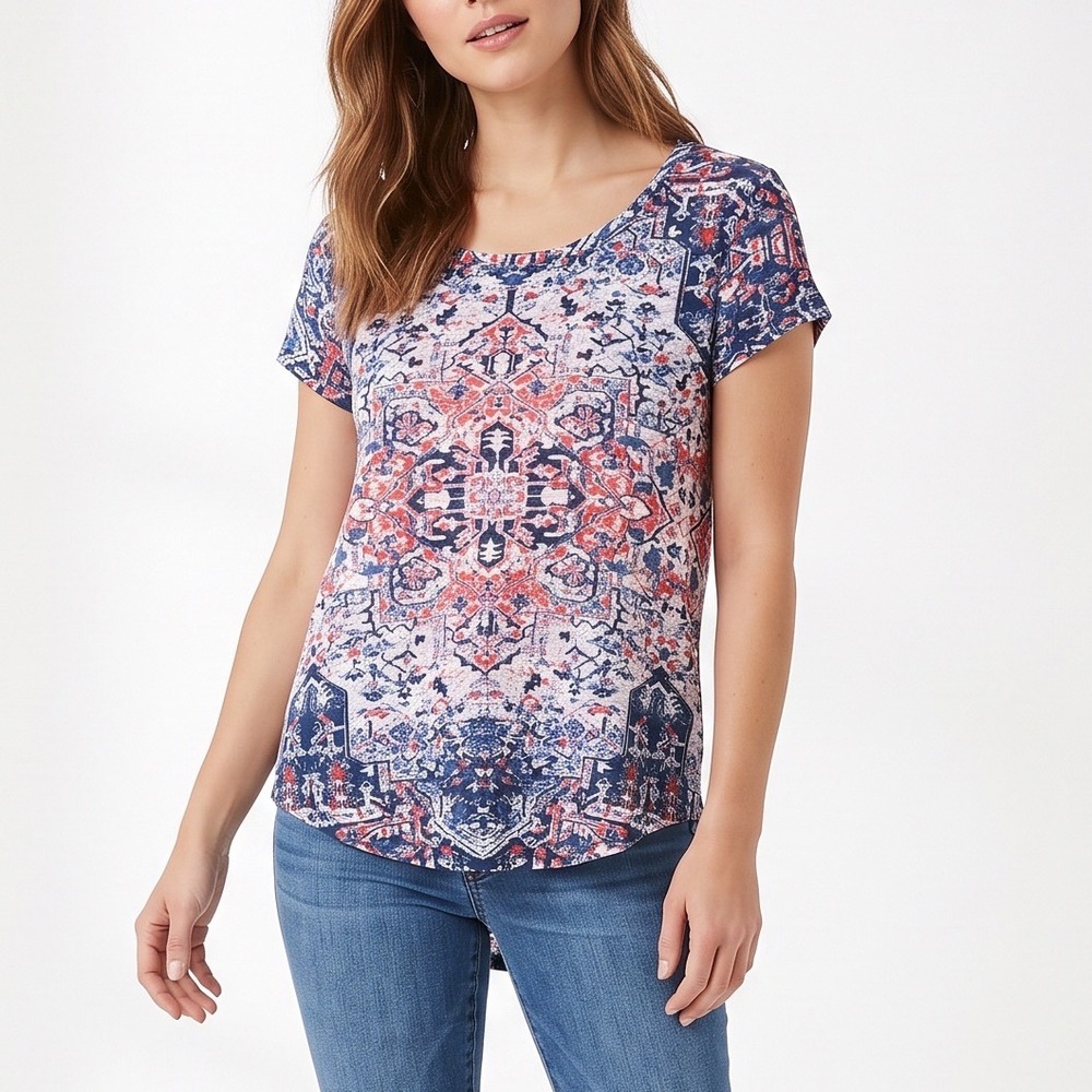 Lucky Brand T-Shirt Womens Medium Medallion Print Blue Red Short Sleeve Exc
